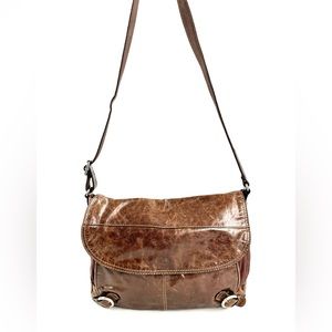 Fossil  Brown Canvas Glazed Leather Large Messenger Bag Buckles Office School